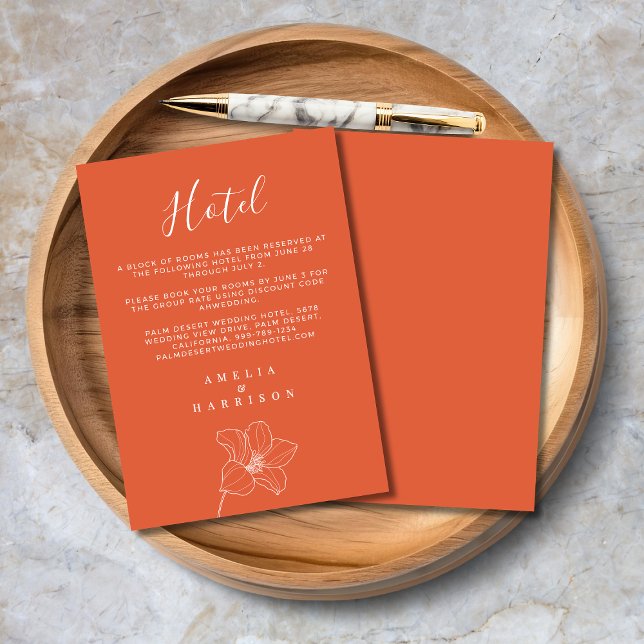 Orange Verona Sunset Floral Wedding Hotel Begleitkarte (Orange Verona Sunset Floral Wedding Hotel Enclosure Card with Hotel Details, Couple Names.)