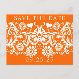 Orange Viktorianisch Floral Damask Save the Date Ankündigungspostkarte