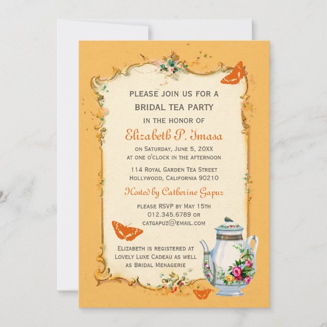 Orange Vintages französisches Brauttee-Party Einladung (Vorderseite)