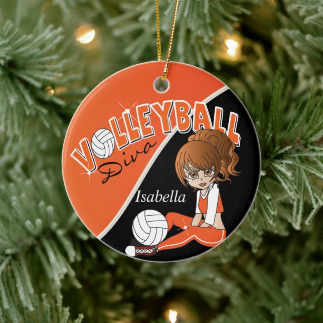 Orange Volleyball 🏐 Player Diva Girl Keramikornament (Baum)