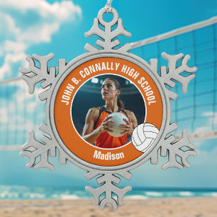 Orange Volleyballspieler-Foto High School Schneeflocken Zinn-Ornament