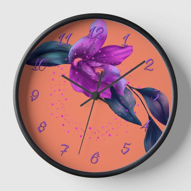 Orange Wall Clock mit Lila Orchid Uhr (Vorderseite)