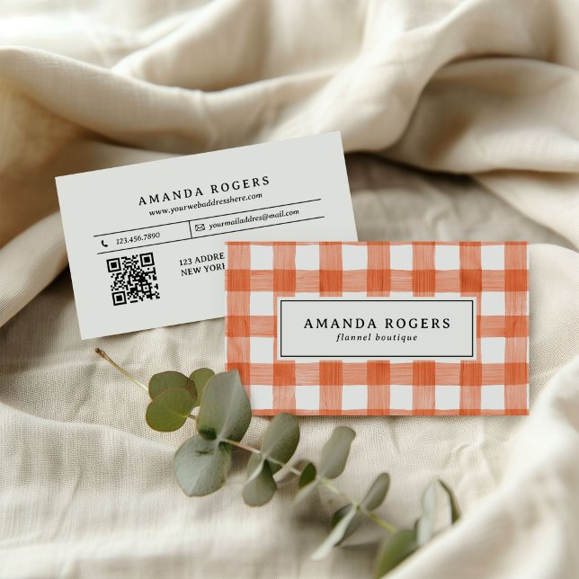 ORANGE Wasserfarbe Büffel Karo QR CODE FLANELL Visitenkarte (Von Creator hochgeladen)