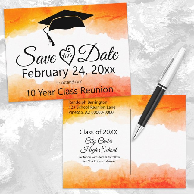 Orange Watercolor Class Wiedersehen Save the Date Postkarte (Von Creator hochgeladen)