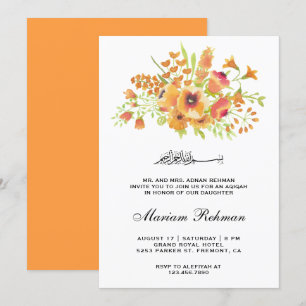 Orange Watercolor Floral Baby Girl Aqiqah Einladung
