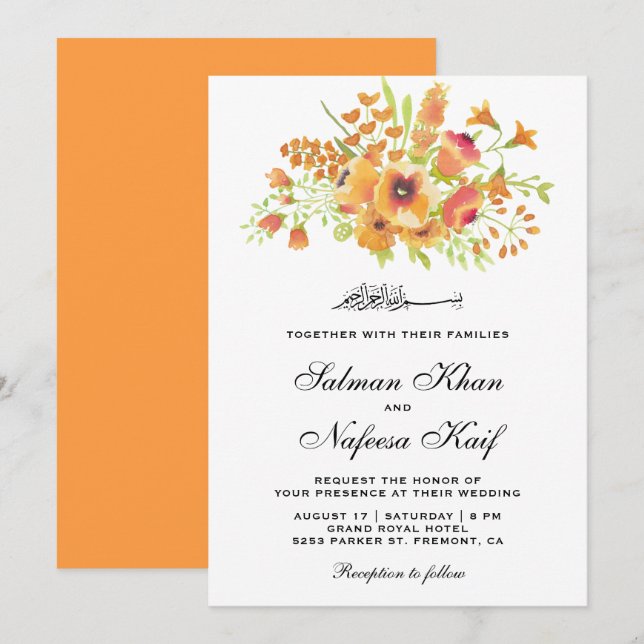 Orange Watercolor Floral Islamische Hochzeit Einladung (Vorne/Hinten)