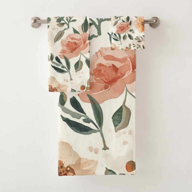 Orange Watercolor Flowers Botanical Painting Badhandtuch Set (Insitu)