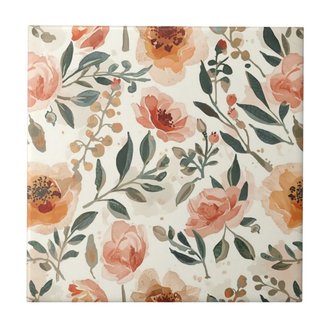 Orange Watercolor Flowers Botanical Painting Fliese (Vorderseite)