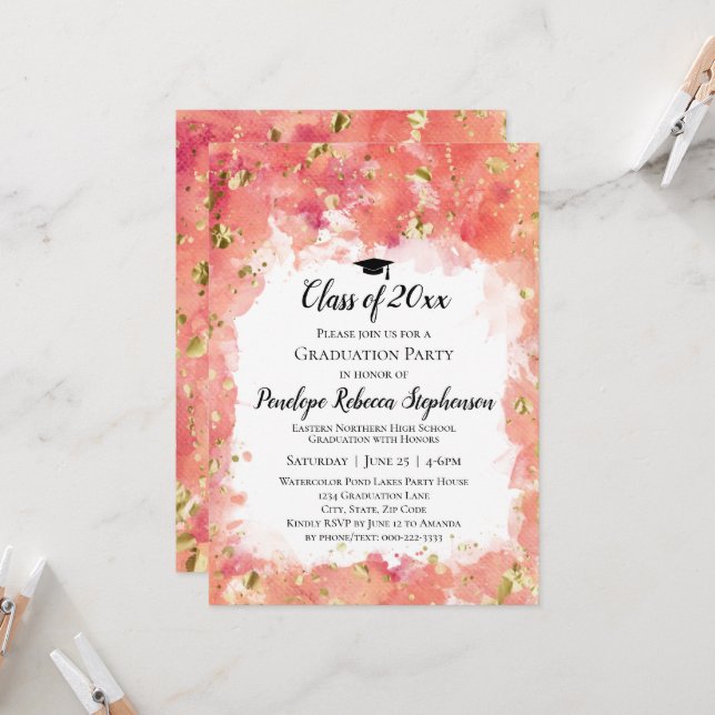 Orange Watercolor Gold Spritzer Graduation Party Einladung (Vorderseite/Rückseite Beispiel)