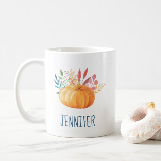 Orange Watercolor Pumpkin Herbstsaison Kaffeetasse (Mit Donut)