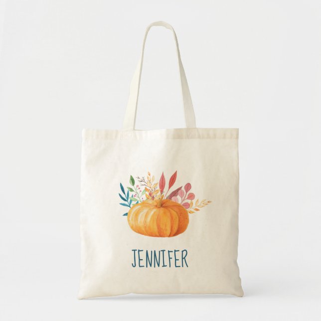Orange Watercolor Pumpkin Personalisiert Tragetasche (Vorne)