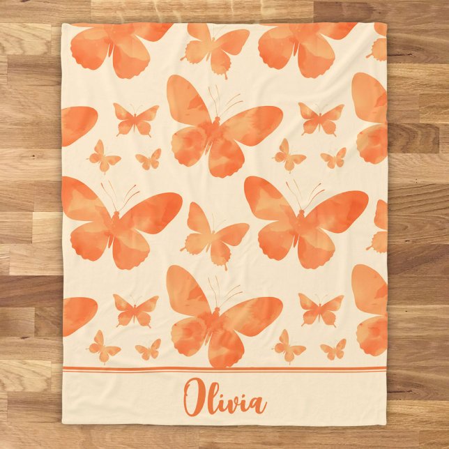 Orange Watercolor Schmetterlinge Fleecedecke (Von Creator hochgeladen)