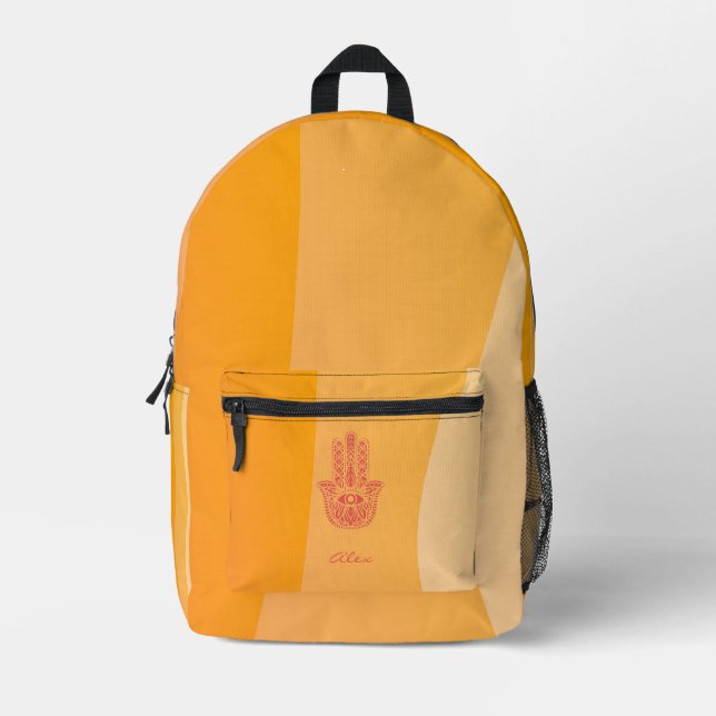 Orange Waves Simple Red Hamsa Personalisiert Bedruckter Rucksack (Vorderseite)