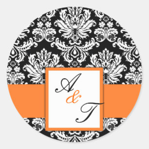 Orange Wedding Monogram Damask Siegel Runder Aufkleber