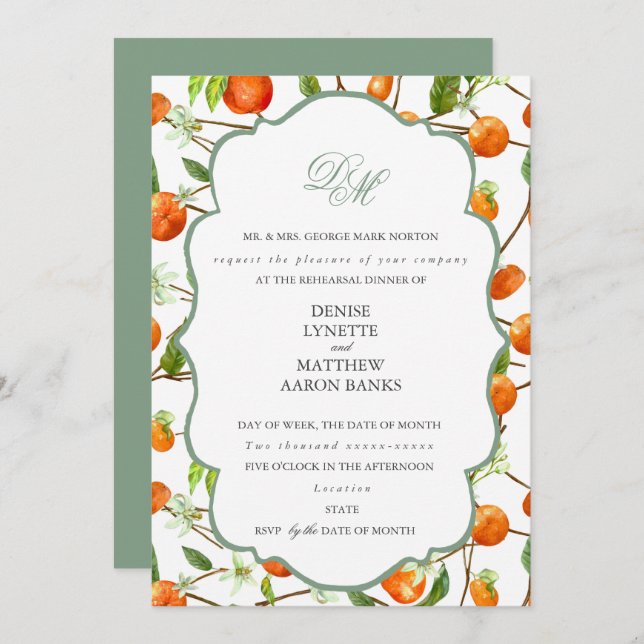 Orange Wedding Set Basil Green Einladung (Vorne/Hinten)
