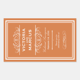 Orange Wedding Wine Bottle Monogram Fevor Labels Rechteckiger Aufkleber
