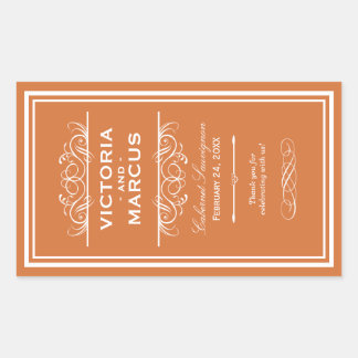 Orange Wedding Wine Bottle Monogram Fevor Labels Rechteckiger Aufkleber