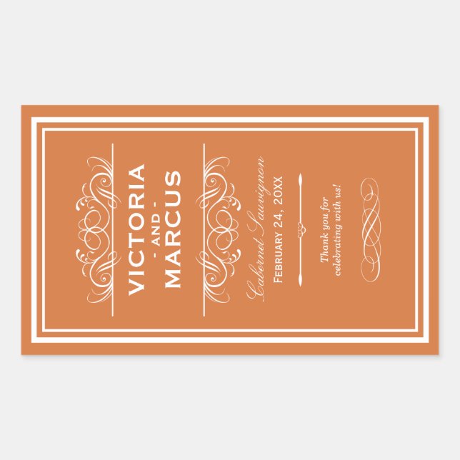 Orange Wedding Wine Bottle Monogram Fevor Labels Rechteckiger Aufkleber (Vorderseite)