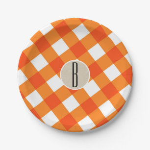 Orange-Weiß-Karo-Kraft ländliches Monogramm Anfang Pappteller