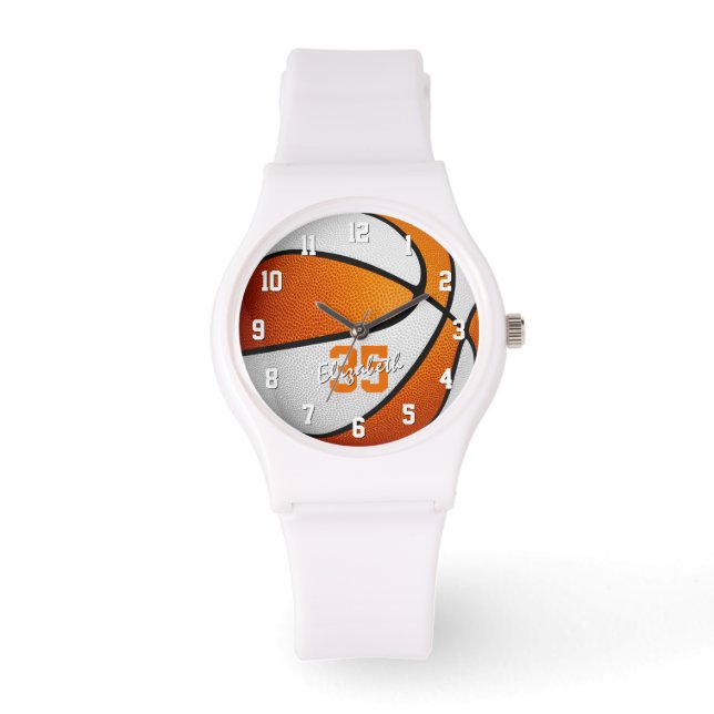 Orange weiße Basketballmädchen Armbanduhr (Vorderseite)
