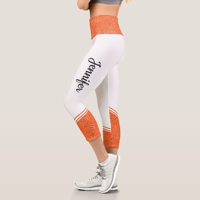 Orange & weiße, blumenweiße Streifen und Name mode Capri Leggings (Links)