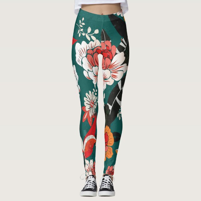 Orange-weiße Blüte: Vintage nahtlose Abbildung Leggings (Vorderseite)