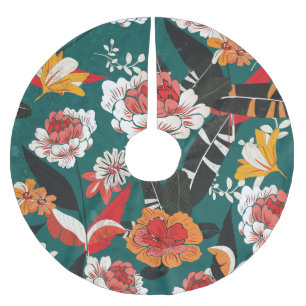 Orange-weiße Blüten: vintage nahtlose Illustration Polyester Weihnachtsbaumdecke