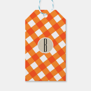 Orange Weiße Karo Kraft Rustikale Monogramm Anfang Geschenkanhänger