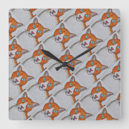 orange-weiße Katzenwanduhr Quadratische Wanduhr