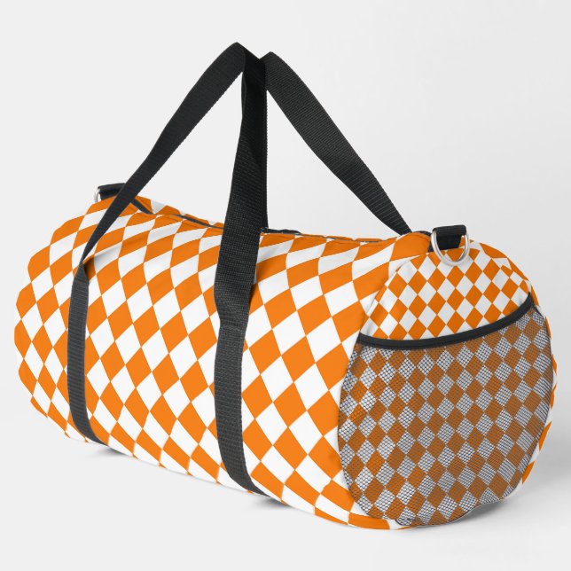 Orange Weiße Schachbrett Diamant Muster Groß Duffle Bag (Rechte Ecke)