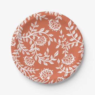 Orange Weiße Vintage Blumen Druck Party Pappteller