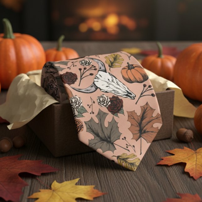 Orange Western Bull Skull Country Krawatte (Modern Orange Thanksgiving Foliage Mens Tie. Fall Harvest, Cow Skull, Leaves Pattern. Autumn Colors.)