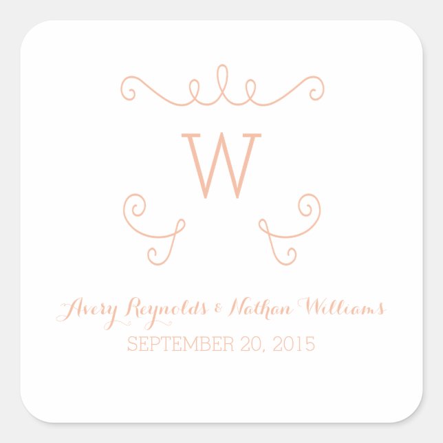 Orange Whimsical Blüh Monogram Wedding Quadratischer Aufkleber (Vorderseite)