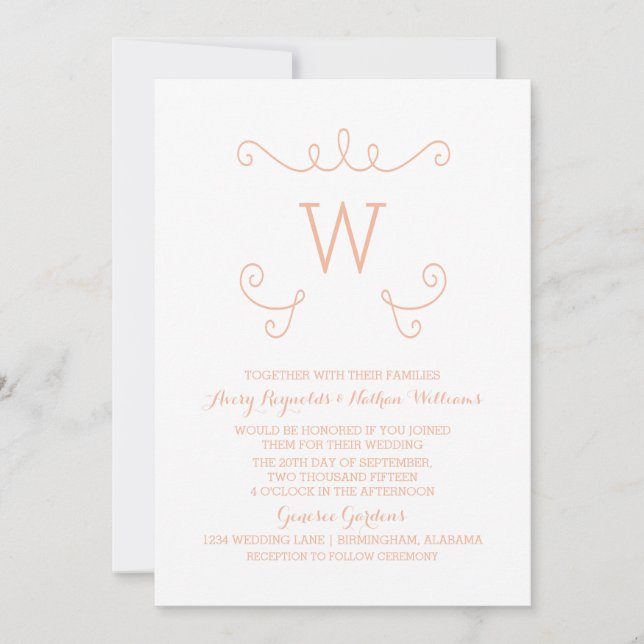 Orange Whimsical Blüh Monogram Wedite Einladung (Vorderseite)