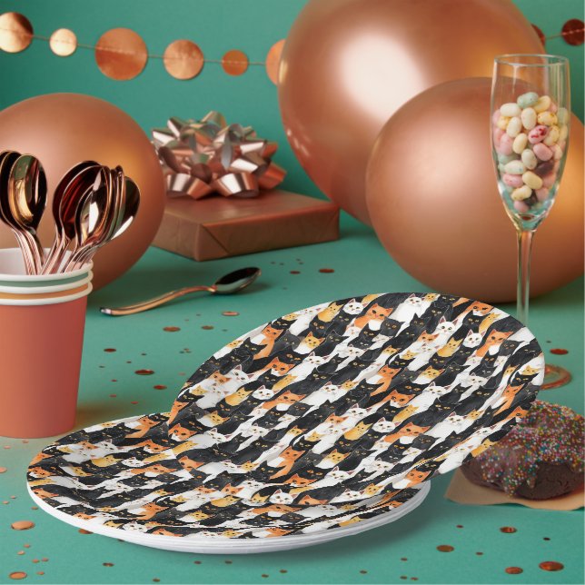 Orange White Black Cats Halloween Pappteller (Multi)