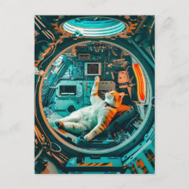 Orange white cat in spacecraft cockpit feiertagspostkarte