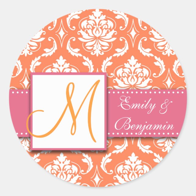 Orange White Damask Wedding Gefallen Sticker Pink (Vorderseite)