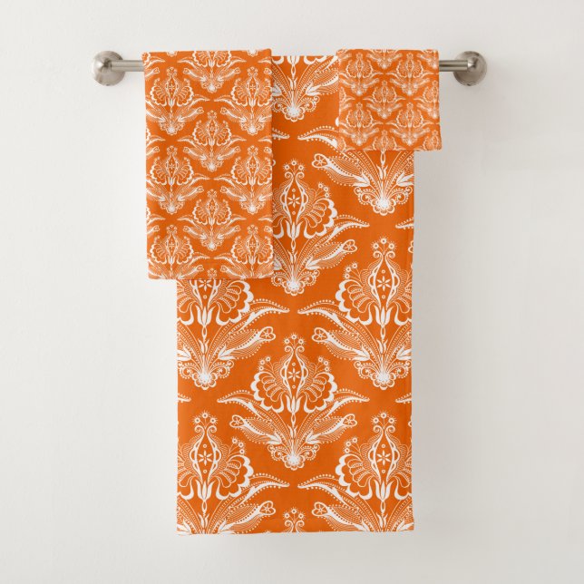 Orange & White Floral Art Deco Muster Badhandtuch Set (Insitu)