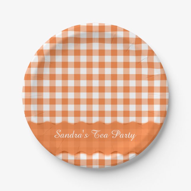 Orange White Gingham Pattern Personalisiertes Part Pappteller (Vorderseite)
