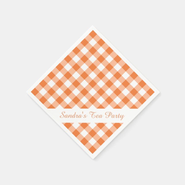 Orange White Gingham Pattern Personalisiertes Part Serviette (Ecke)