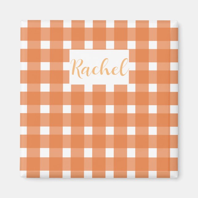 Orange White Gingham Personalisiert Magnet (Vorne)