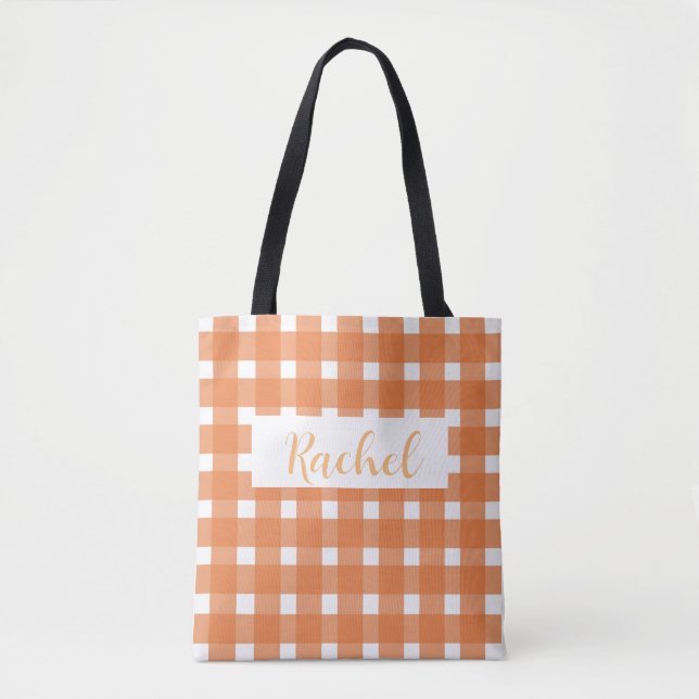Orange White Gingham Personalisiert Tote Bag (Vorderseite)