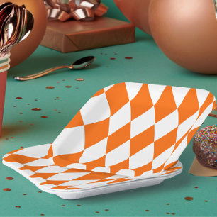 Orange White Harlequin Diamonds Schachbretts Desig Pappteller
