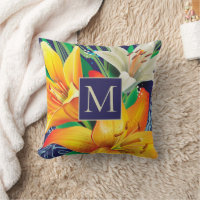 Orange White Lilies Floral Navy Blue Monogram