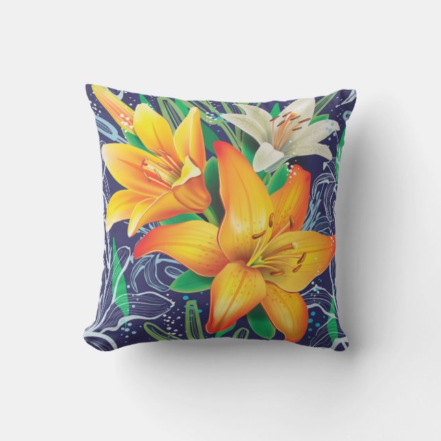 Orange White Lilies Floral Navy Blue Throw Kissen (Vorderseite)