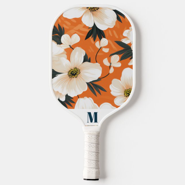 Orange White Navy Blue Blume Modern Monogram Pickleball Schläger (Rückseite)