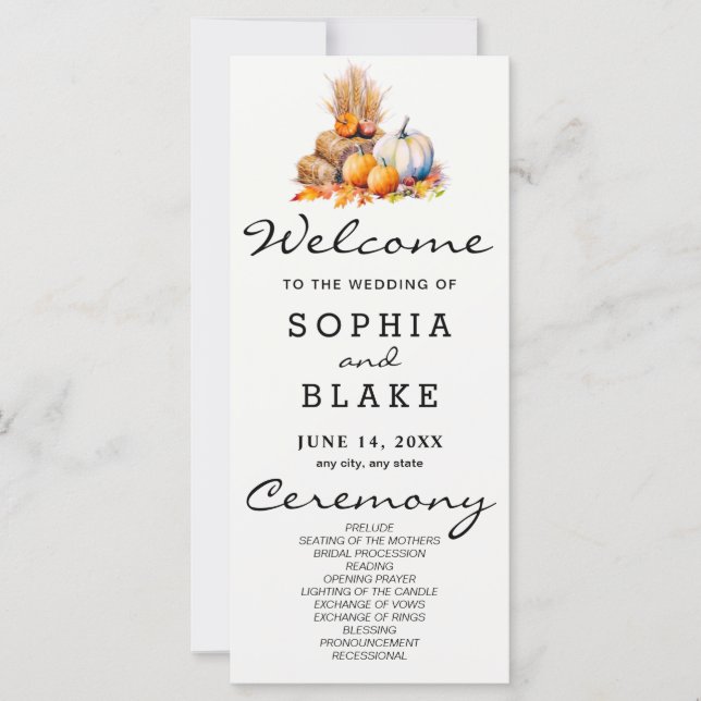 Orange & White Pumpkins Fall White Wedding Program (Vorderseite)