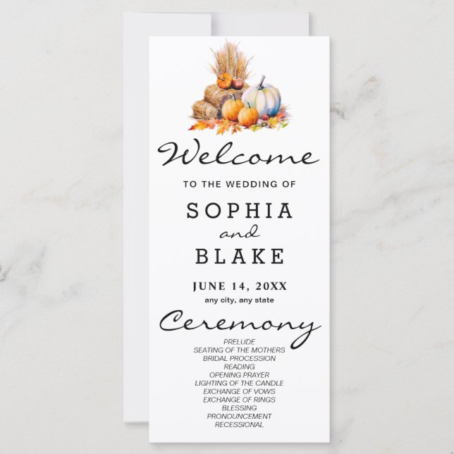 Orange & White Pumpkins Fall White Wedding Program (Vorderseite)