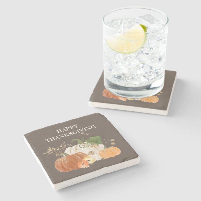 Orange White Pumpkins Gold Glitzer Erntedank Steinuntersetzer (Seitenansicht)