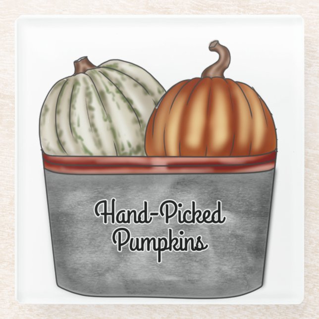ORANGE & WHITE PUMPKINS IN TIN BASKET GLASUNTERSETZER (Vorderseite)